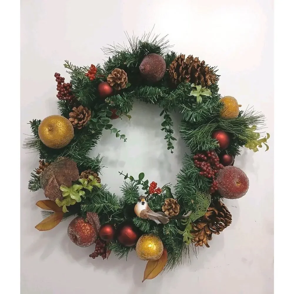 Partridge In Pear Tree Winter Door Wreath Realistic Holiday Crystal Fruit Apple